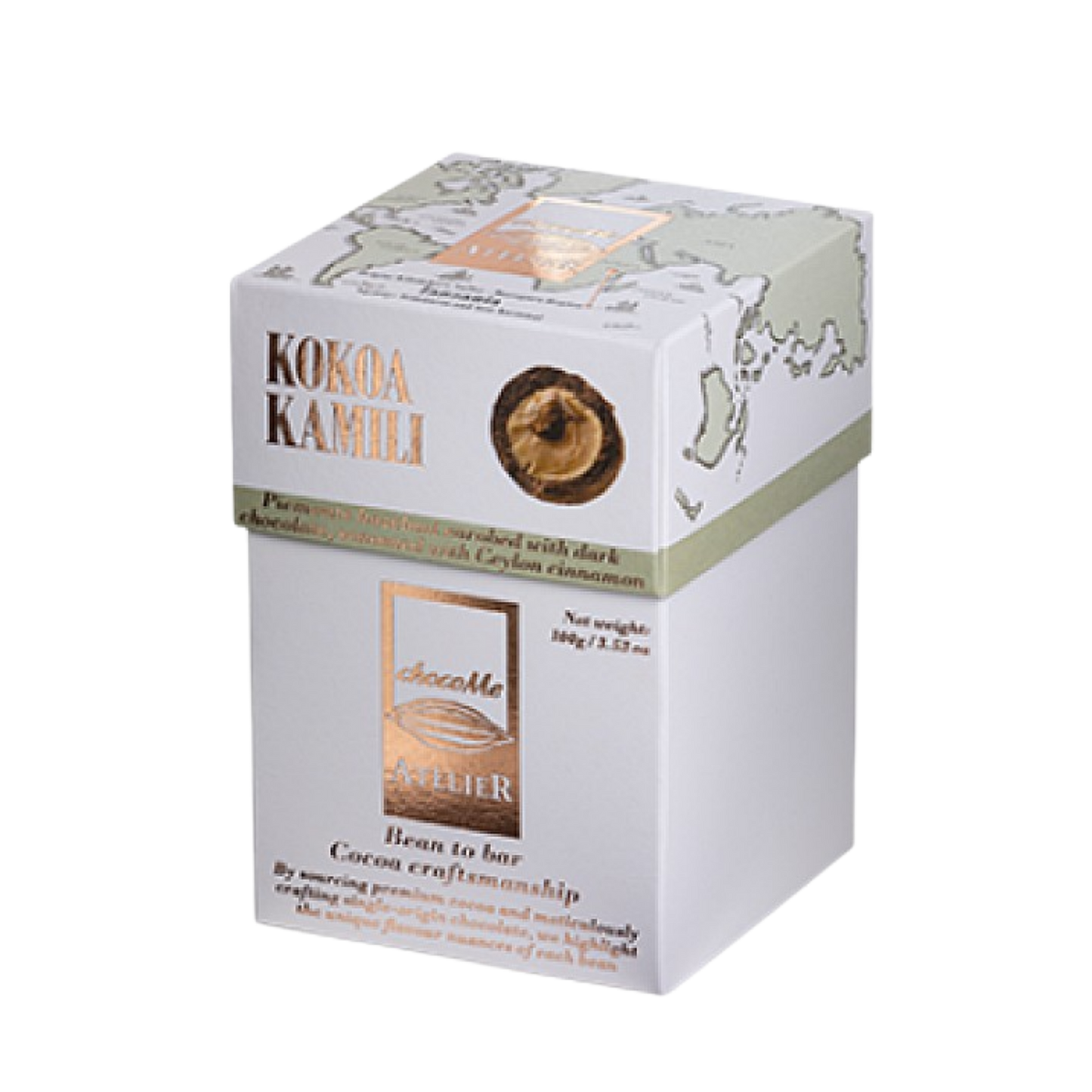 ChocoMe -Kokoa Kamili kakaóbabból készült étcsokoládéval bevont Piemonte-i mogyoró Ceylon fahéjjal fűszerezve