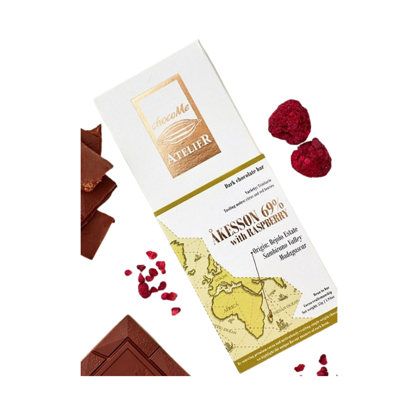 ChocoMe - Dark chocolate made from cocoa beans sourced from Akesson, with freeze-dried raspberries