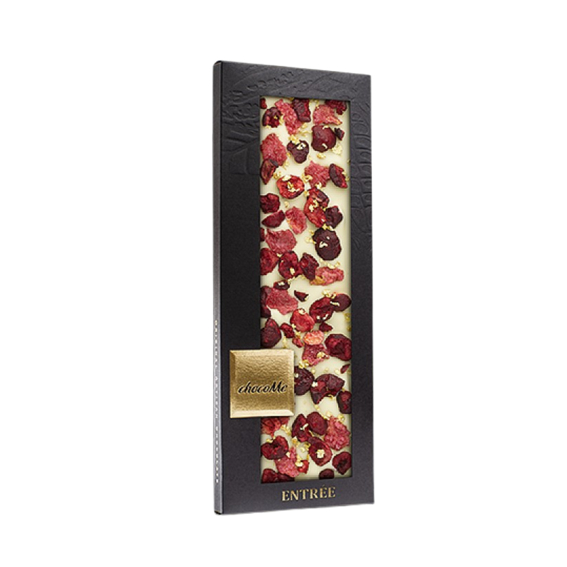 ChocoMe - Fehércsokoládé, Liofilizált meggy darabkák, Rózsaszirom, Valódi 23 karátos arany