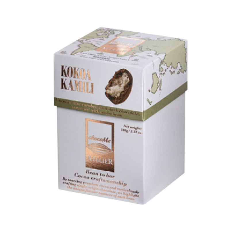 ChocoMe -Kokoa Kamili kakaóbabból készült étcsokoládéval bevont kókuszkorong tonkababbal fűszerezve