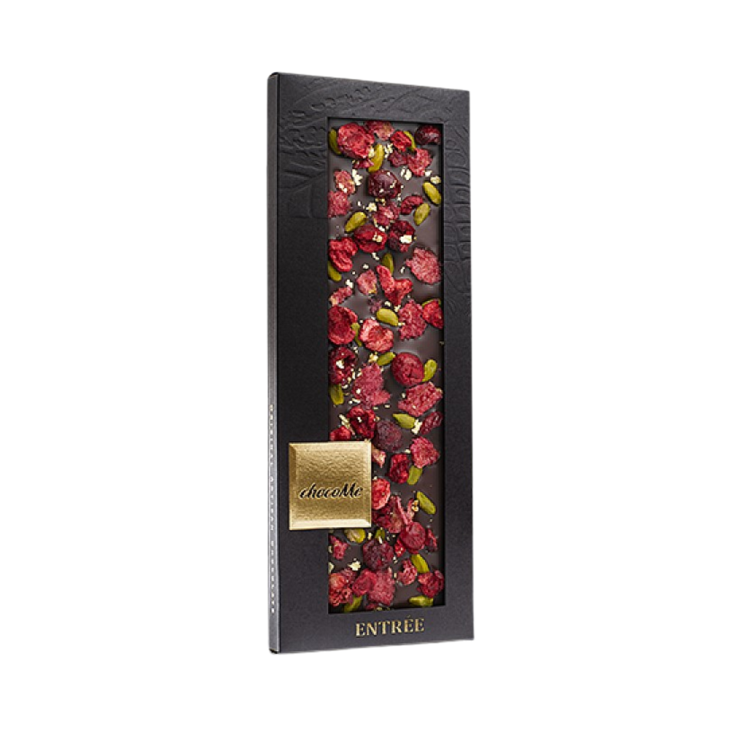 ChocoMe - Valrhona 66% étcsokoládé, Brontei pisztácia, Liofilizált meggy darabkák, Rózsaszirom, Valódi 23 karátos arany