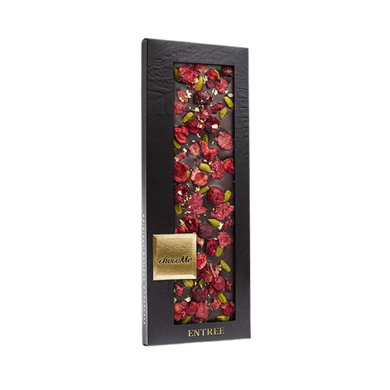 ChocoMe - Valrhona 66% étcsokoládé, Brontei pisztácia, Liofilizált meggy darabkák, Rózsaszirom, Valódi 23 karátos arany