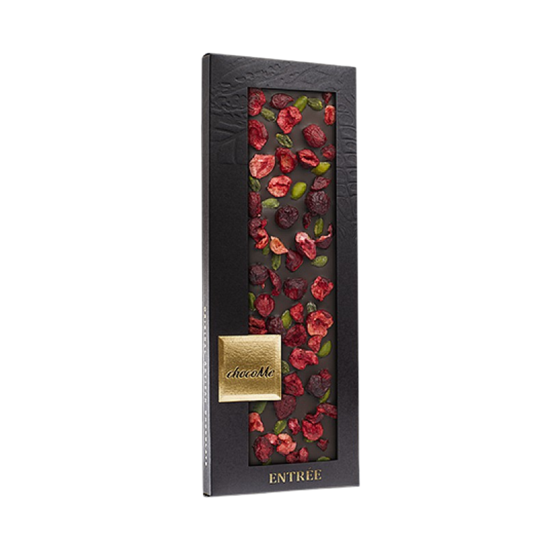 ChocoMe - Valrhona 66% étcsokoládé, Brontei pisztácia, Liofilizált meggy darabkák