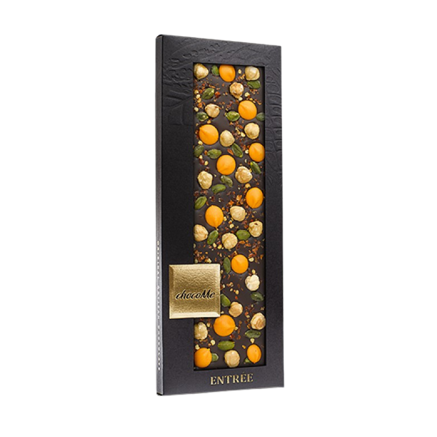 ChocoMe - Valrhona 66% étcsokoládé, Chili - tört, Narancs csokoládé pasztilla, Piemonte-i mogyoró, Brontei pisztácia