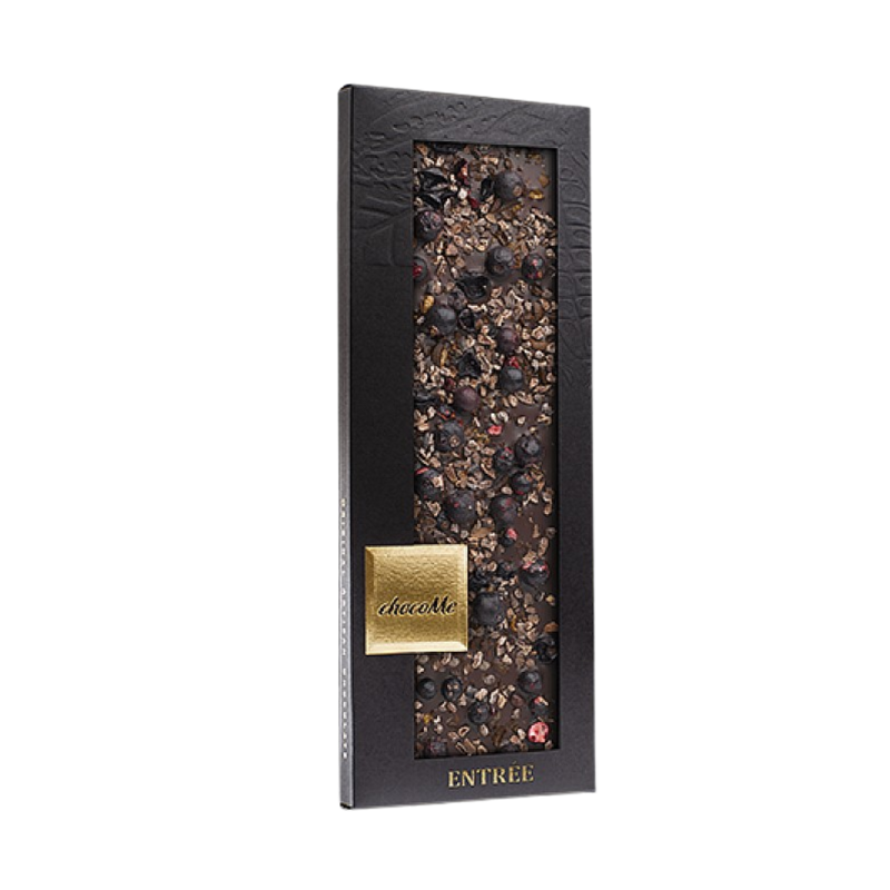 ChocoMe - Valrhona 66% étcsokoládé, Etióp Yirga tört kávészemek, Aprított kakaóbab, Liofilizált feketeribizli