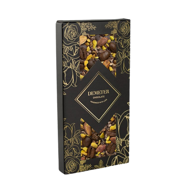 Demeter Chocolate - Cukor-és Laktózmentes étcsokoládé kávészemekkel, kakaóbabtöltettel és pisztáciával