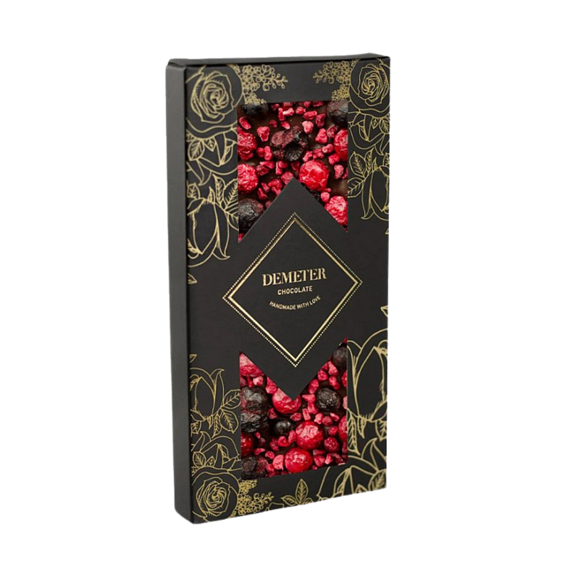 Demeter Chocolate - Cukor-és Laktózmentes étcsokoládé étcsokoládé málnával, piros és feketeribizlivel
