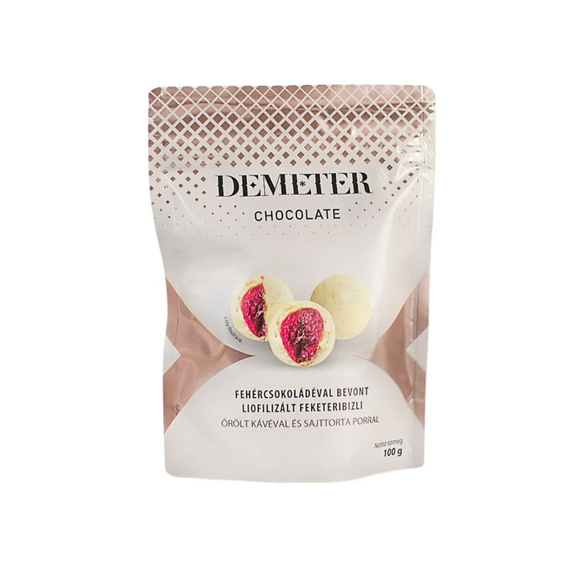 Demeter Chocolate - White chocolate-covered currant cheesecake with powder and coffee