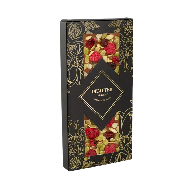 Demeter Chocolate - Milk chocolate with whole freeze-dried raspberries, sour cherries, and toasted pumpkin seeds