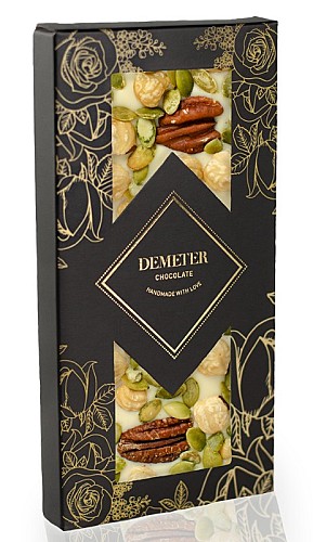 DemeterChocolate Fehércsokoládé pekándióval, tökmaggal és piemonti mogyoróval